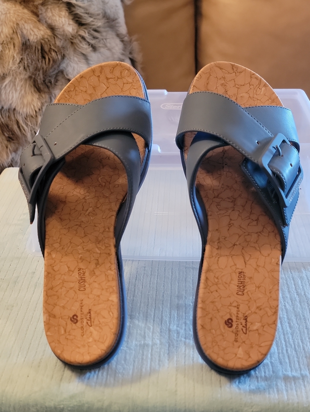 Clarks Women's Slide Sandals in Blue with Cork Cushioned Footbed. Cloudsteppers - Picture 1 of 4